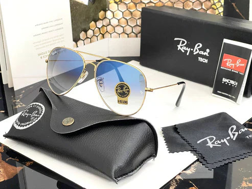 RB Blue Shade & Gold 3026 Oval Aviator Metal Trendy Hot Favourite Wintage Sunglass For Unisex.