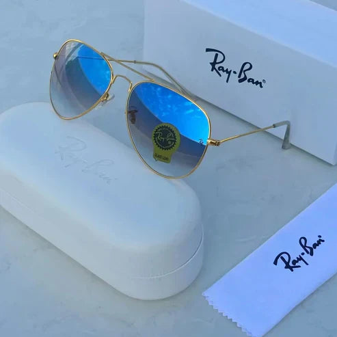 RB Blue Shade & Gold 3026 Aviator Causal Latest Sunglass For Unisex.